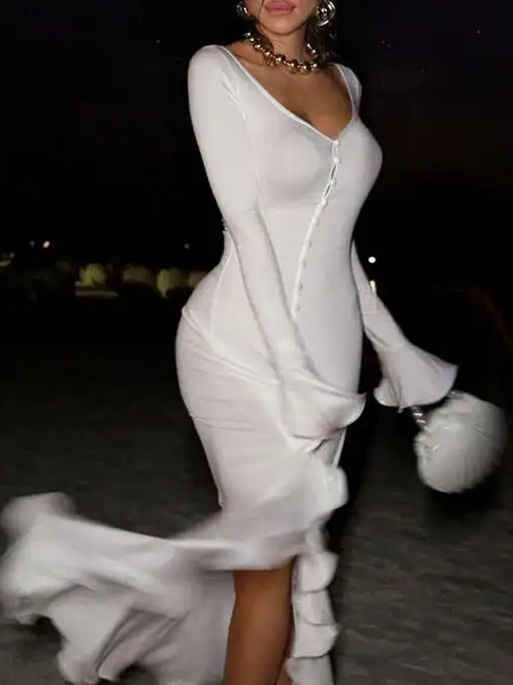Long Sleeve Deep V-Neck Contrast Trim Button Front Ruffle Cuff High Split Midi Dress
