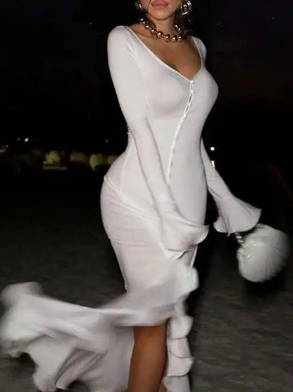 Long Sleeve Deep V-Neck Contrast Trim Button Front Ruffle Cuff High Split Midi Dress