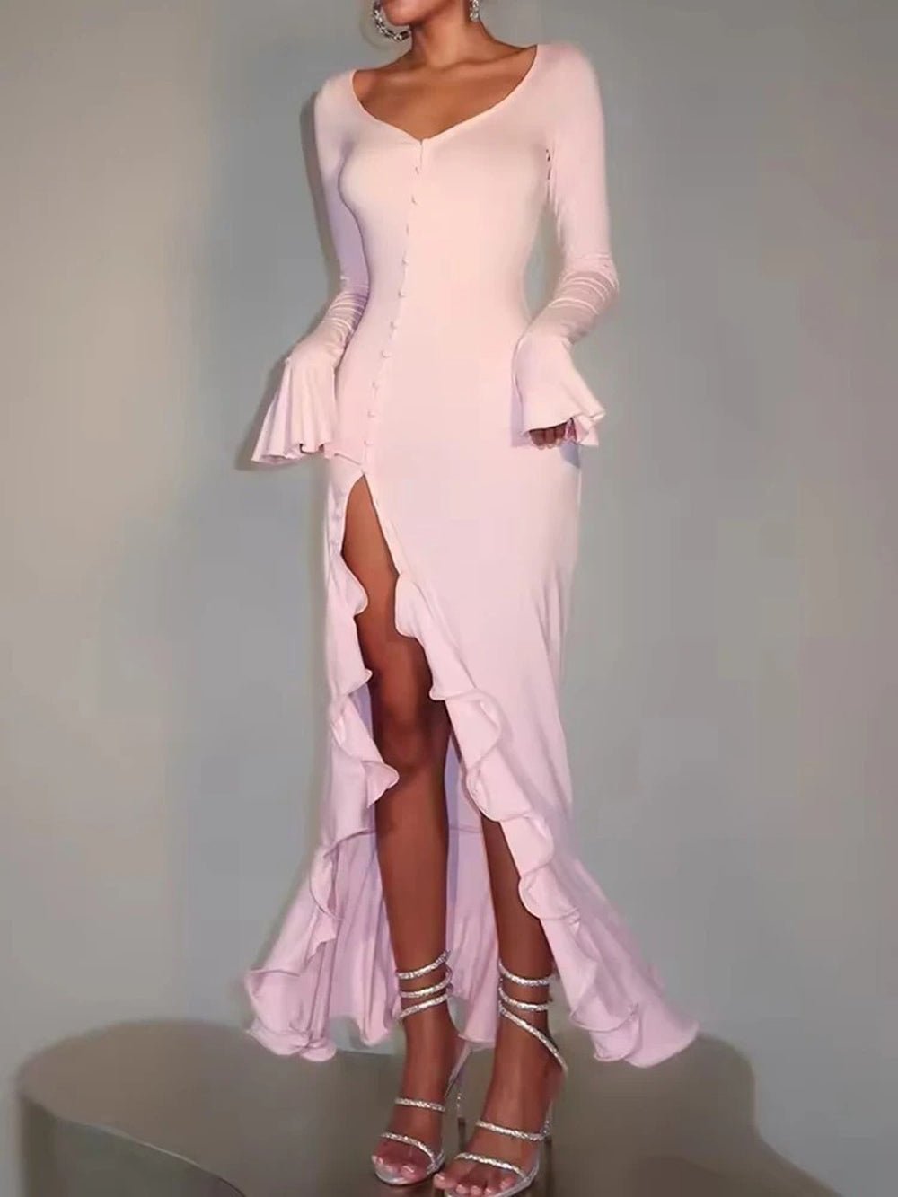 Long Sleeve Deep V-Neck Contrast Trim Button Front Ruffle Cuff High Split Midi Dress