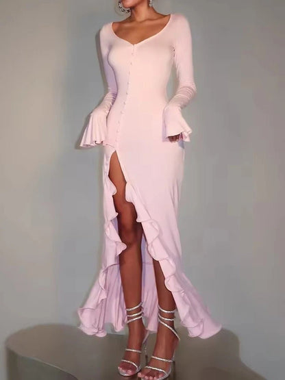 Long Sleeve Deep V-Neck Contrast Trim Button Front Ruffle Cuff High Split Midi Dress