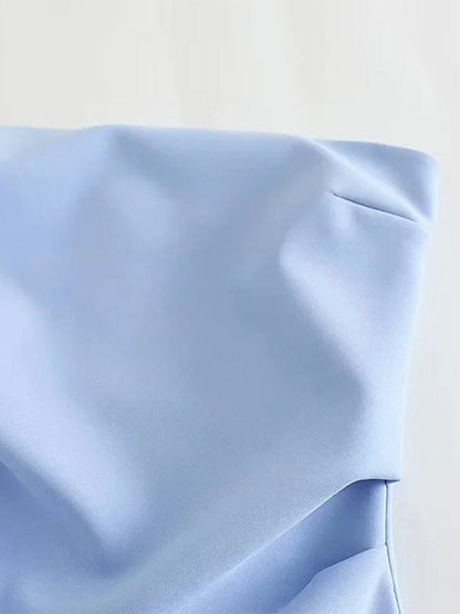 Blue Strapless Diagonal Draped Ruched Bodycon Mini Dress