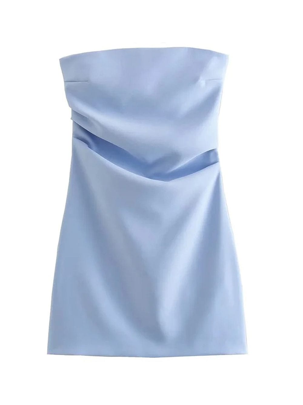 Blue Strapless Diagonal Draped Ruched Bodycon Mini Dress