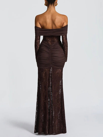 Brown Off Shoulder Lace Long Sleeve Ruched Panel Sheer Maxi Gown