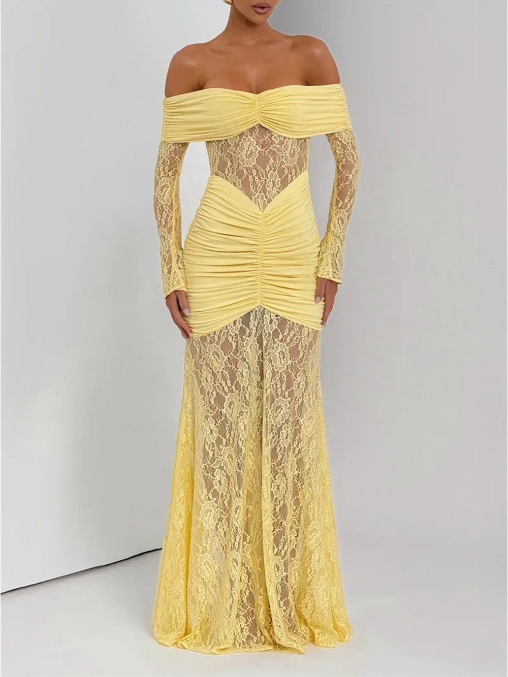 Yellow Off Shoulder Lace Long Sleeve Ruched Panel Sheer Maxi Gown