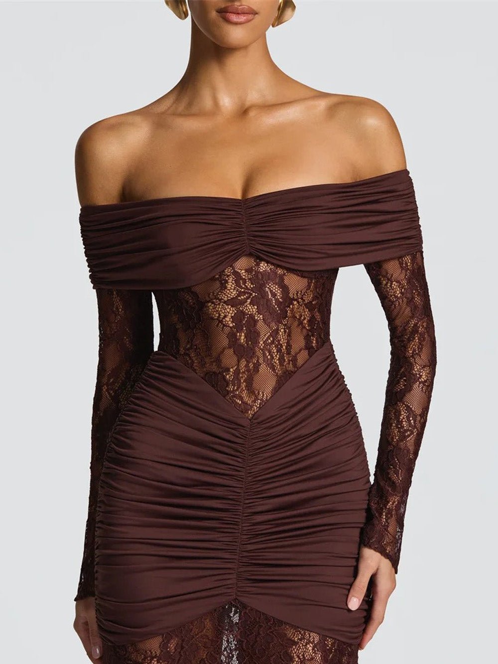 Brown Off Shoulder Lace Long Sleeve Ruched Panel Sheer Maxi Gown