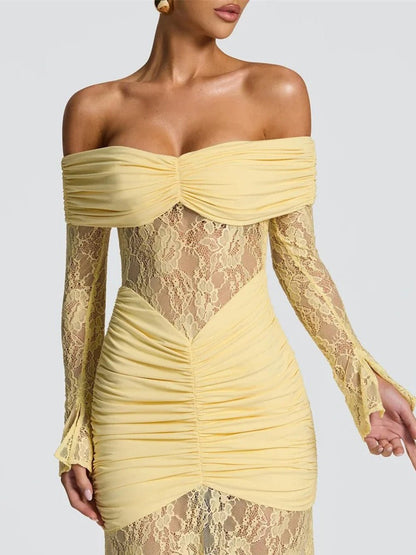 Yellow Off Shoulder Lace Long Sleeve Ruched Panel Sheer Maxi Gown
