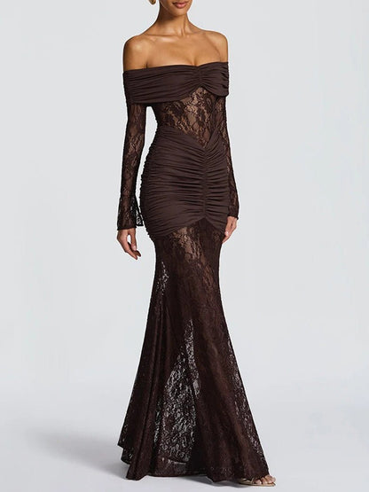 Brown Off Shoulder Lace Long Sleeve Ruched Panel Sheer Maxi Gown