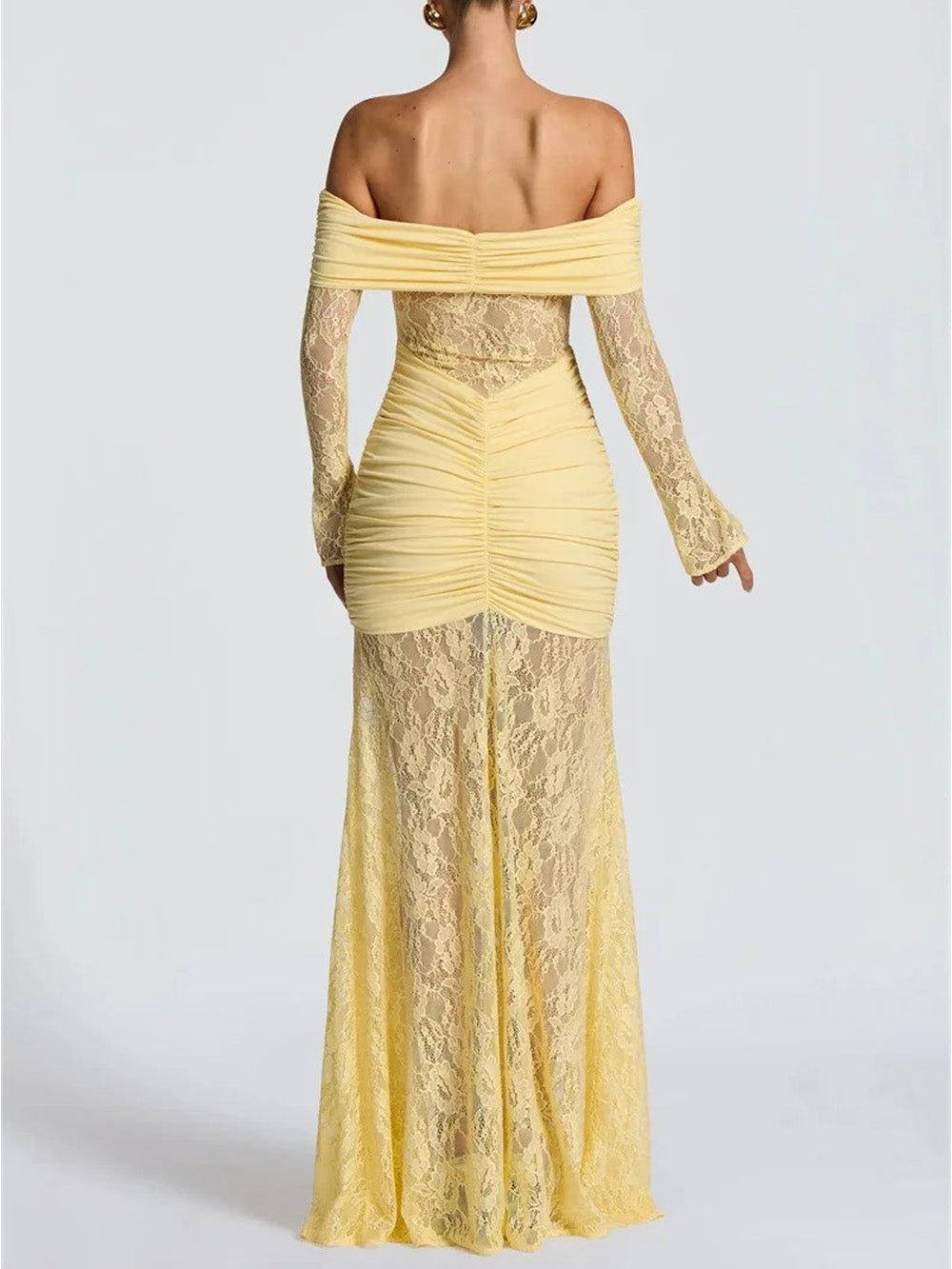 Yellow Off Shoulder Lace Long Sleeve Ruched Panel Sheer Maxi Gown