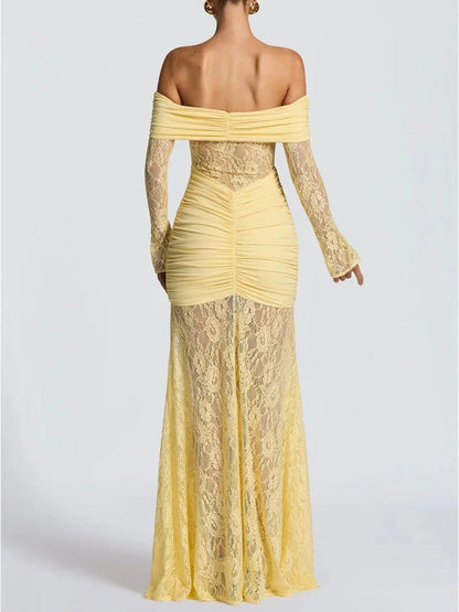Yellow Off Shoulder Lace Long Sleeve Ruched Panel Sheer Maxi Gown