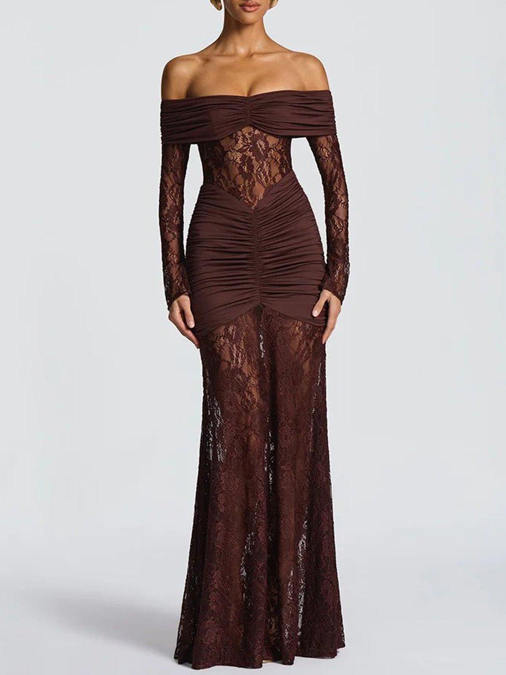 Brown Off Shoulder Lace Long Sleeve Ruched Panel Sheer Maxi Gown