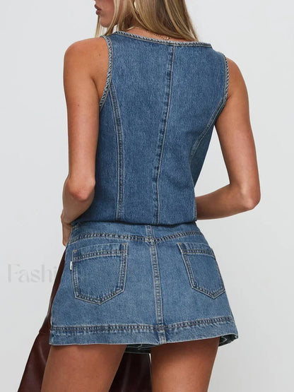 Denim Tie-Up Front Top Mini Skirt Two Piece Set