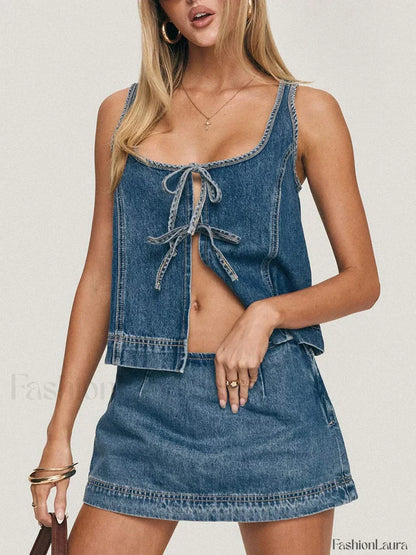 Denim Tie-Up Front Top Mini Skirt Two Piece Set