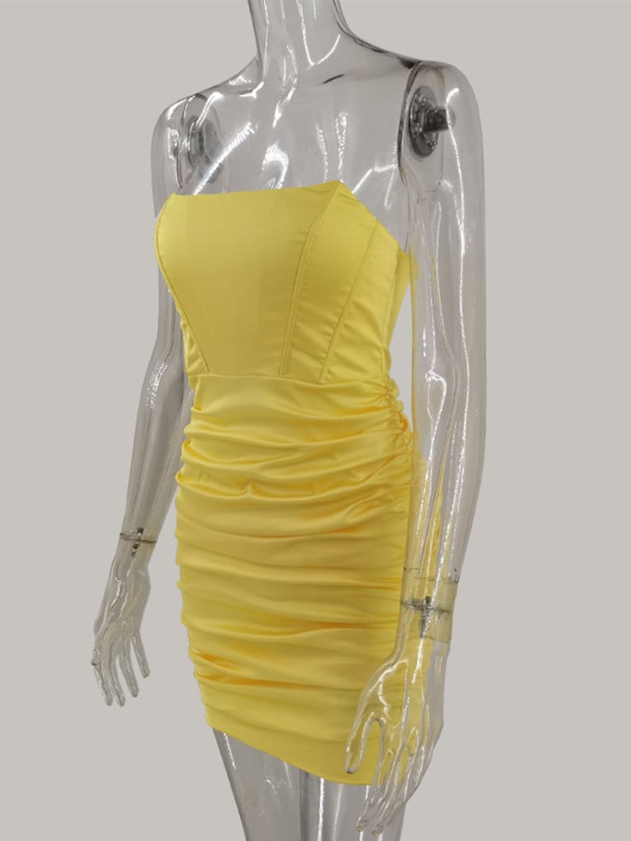 Strapless Corset Boned Ruched Satin Bodycon Mini Dress