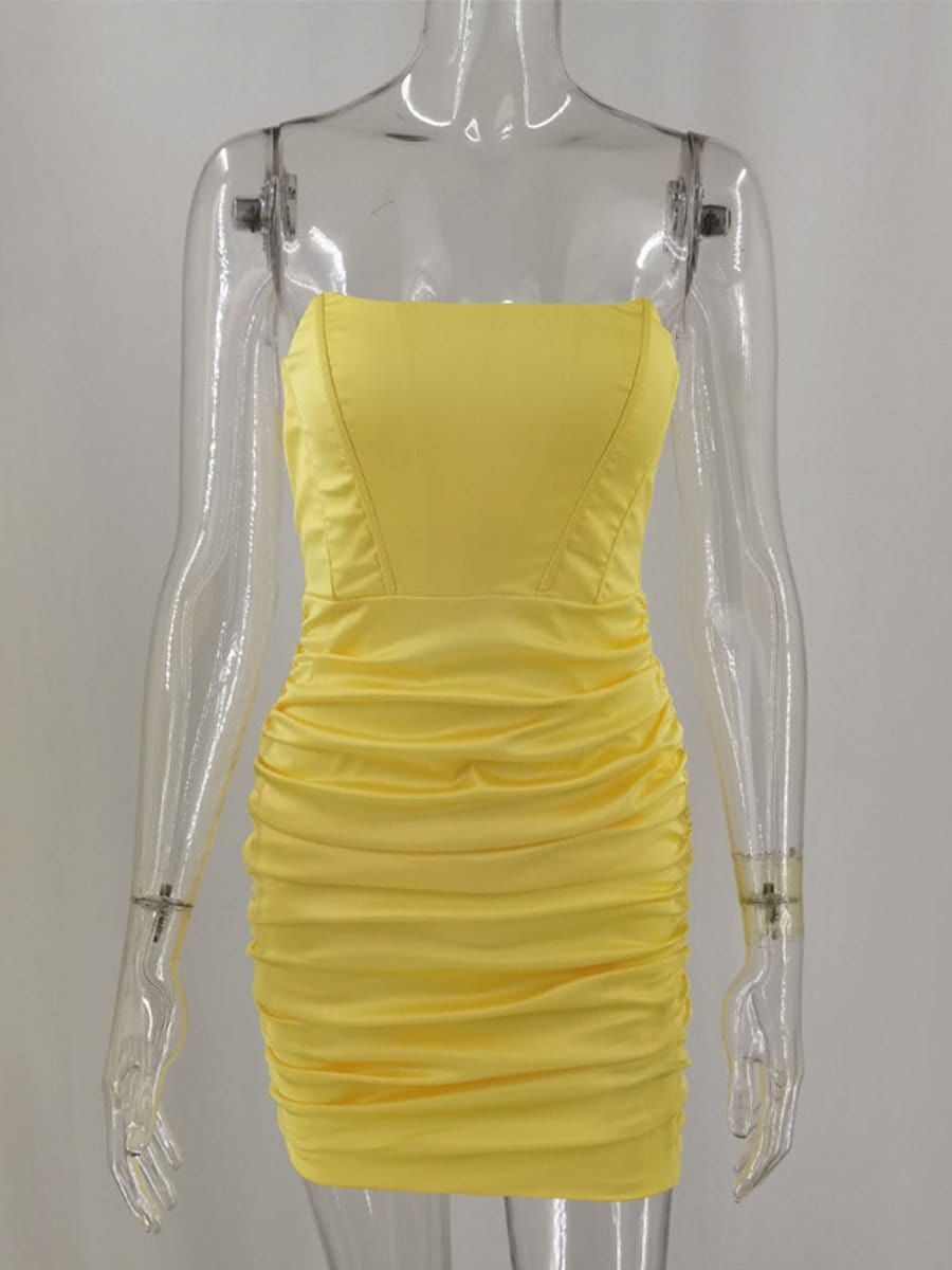 Strapless Corset Boned Ruched Satin Bodycon Mini Dress