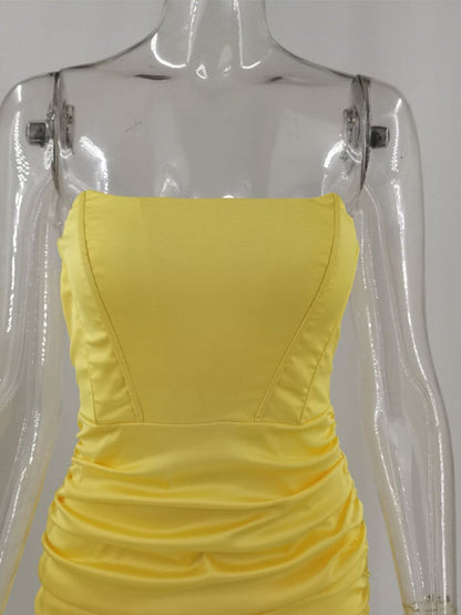 Strapless Corset Boned Ruched Satin Bodycon Mini Dress