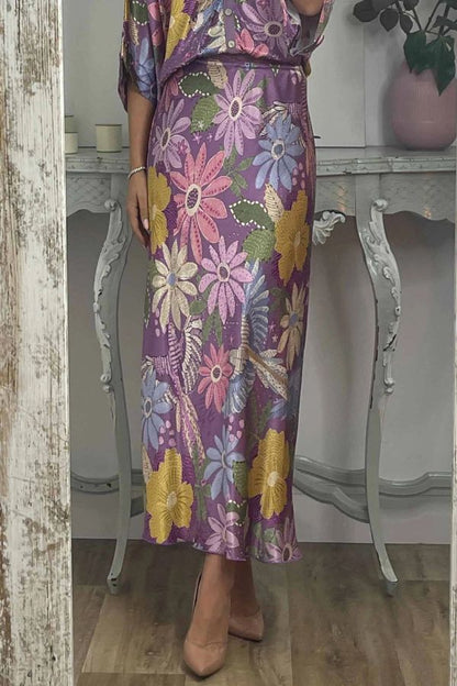 Satin Floral Print V-neck Half-sleeve Loose Top and Elegant Maxi Skirt Set