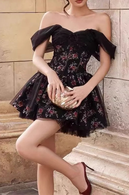 Off Shoulder Mesh Bubble Sleeve Mini Floral Dress