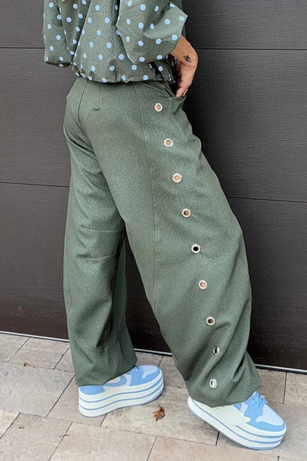 Kadence Denim Side Metal Hollow Ring Detail Pocket Lantern Pants