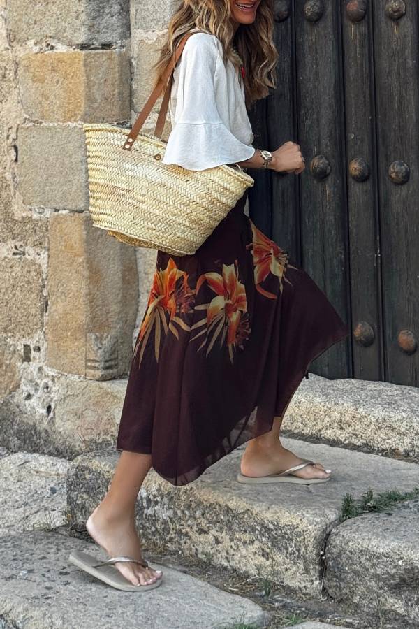 Dark brown large floral print maxi skirt