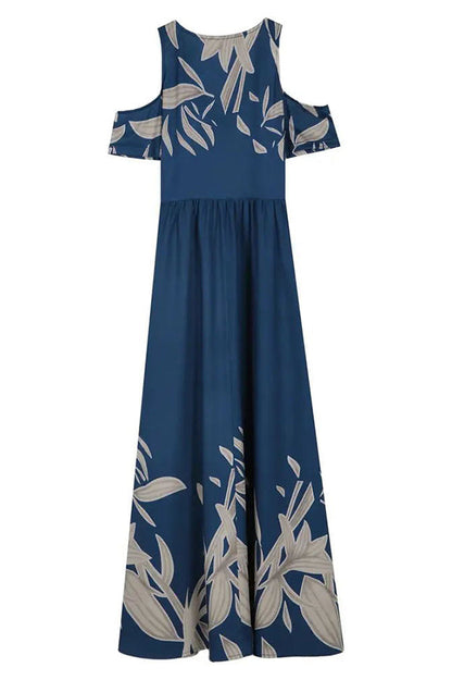 Botanical Print Cold Shoulder V-Neck Pocket Tiered Maxi Dress