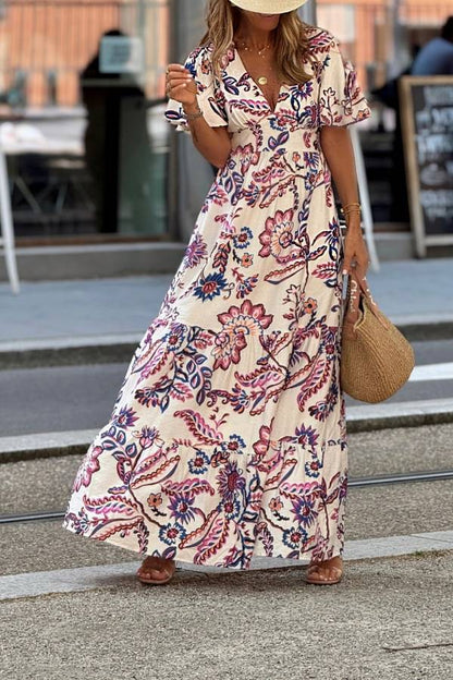 Bohemian Floral Print V-Neck Waist-Tiered Maxi Dress