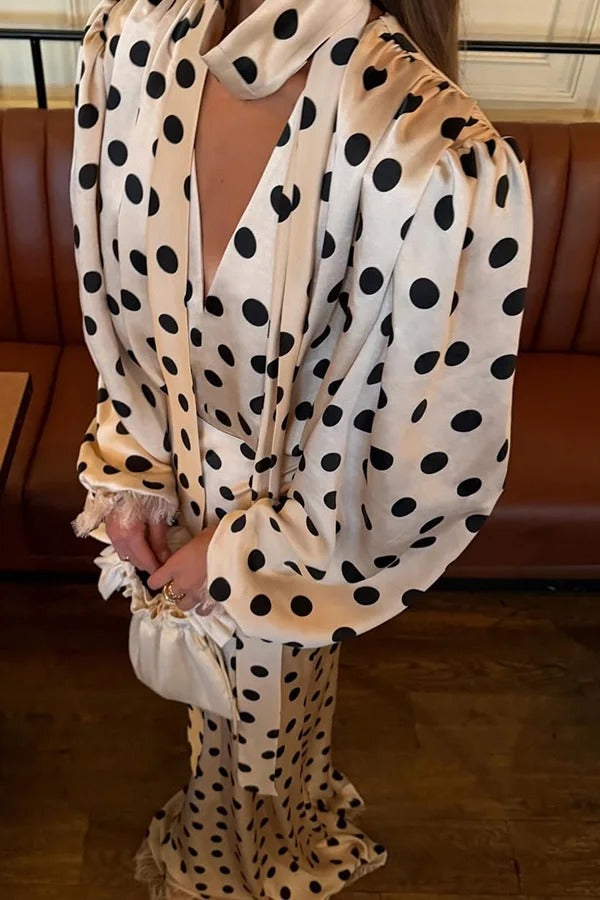 Chrissa Satin Polka Dot Print Lace Trim Tie-up Neck Balloon Sleeve Loose Blouse