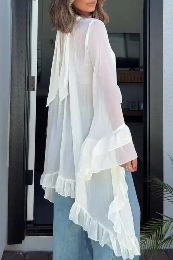 Flowy See-through Ruffle Tie-up Neck Bell Sleeve High-low Hem Cape Shirt