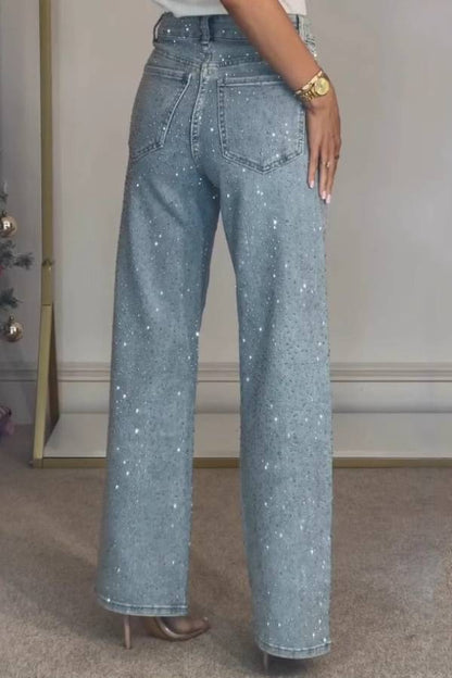 High‑Waisted Full Rhinestone Wide‑Leg Jeans