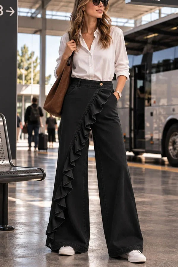 Uniquely Designed Denim Mid Rise Irregular Ruffles Pocket Wide Leg Jeans