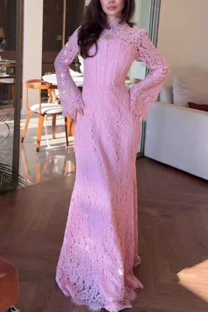 Multi-Color Stand Collar Lace Backless Tie Mermaid Maxi Dress
