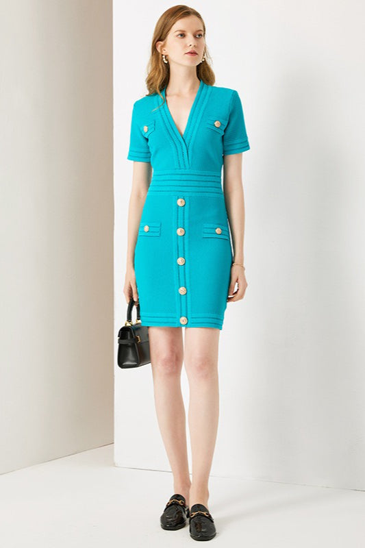 Sleeve V-Neck Bodycon Knit Sweater Dress