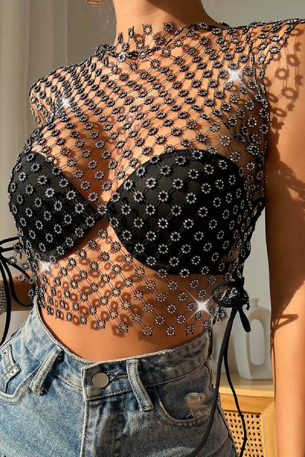 Rhinestone Fishnet Tie Side Sleeveless Cover Up Top