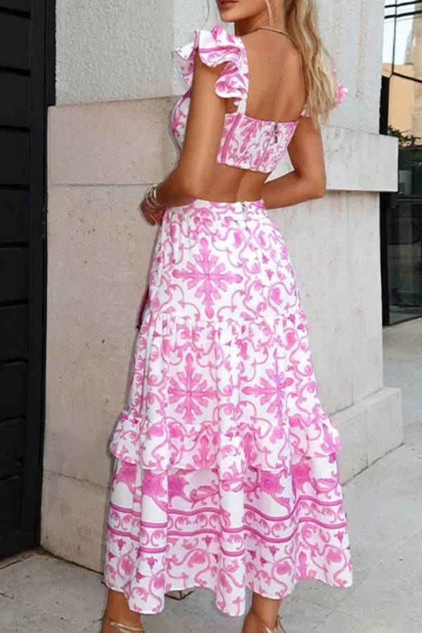 Pink & White Baroque Print Backless Ruffle Tiered Maxi Dress