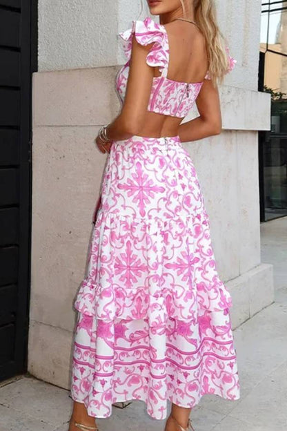 Pink & White Baroque Print Backless Ruffle Tiered Maxi Dress