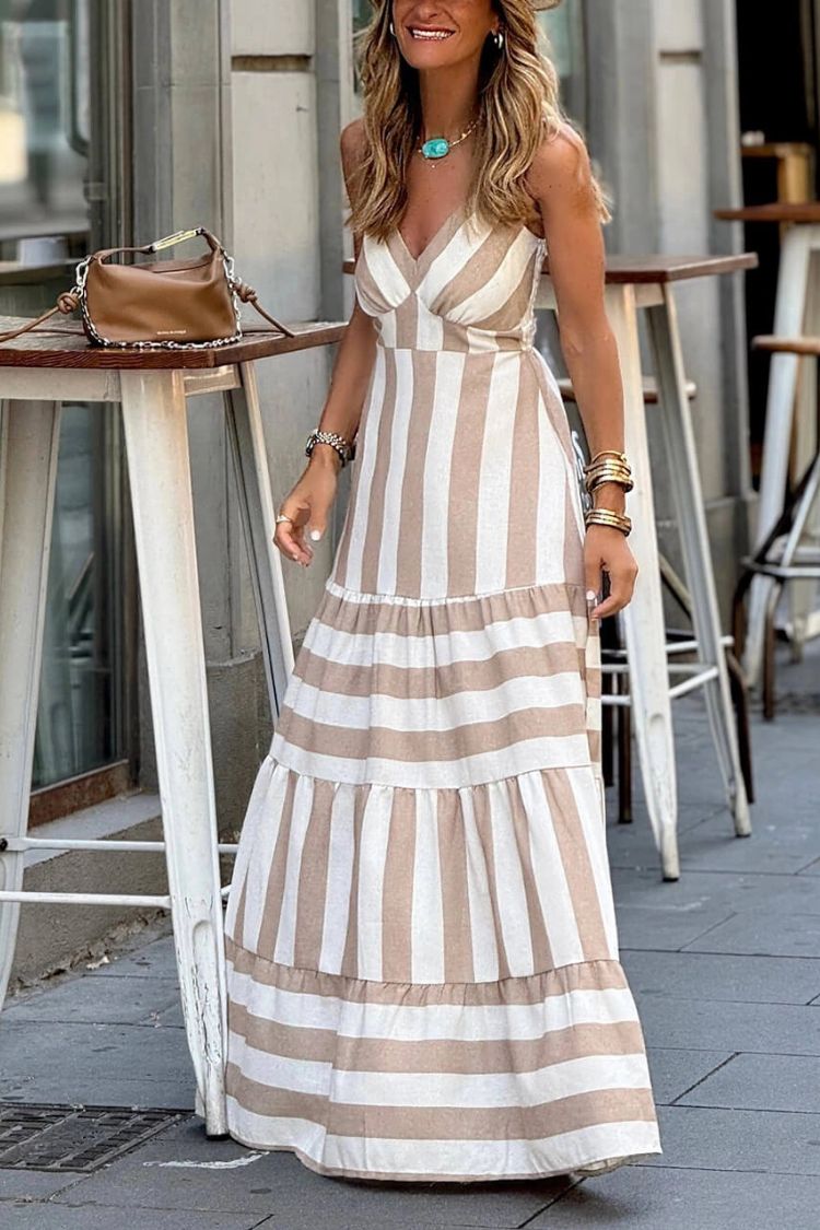 Summer Striped Print Patchwork Ruched Backless Maxi Dress