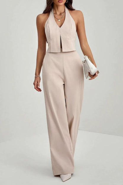 Lace Up Open Back Two Piece Vest Pants Set