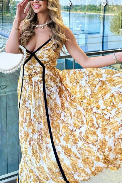 Floral Print Spaghetti Strap Contrast Trim Pleated Maxi Dress