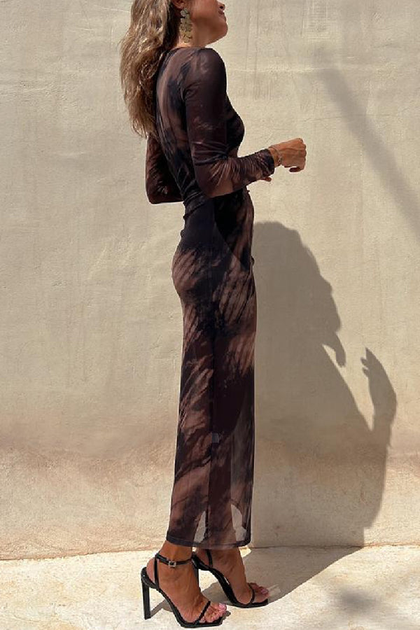 Abstract Tie Dye Print Ruched Side Slit Long Sleeve Midi Dress