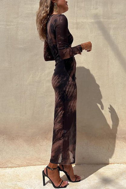 Abstract Tie Dye Print Ruched Side Slit Long Sleeve Midi Dress