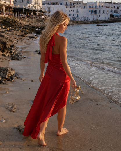 Stretch Satin Halter V Neck Slit Bodycon Vacation Dress