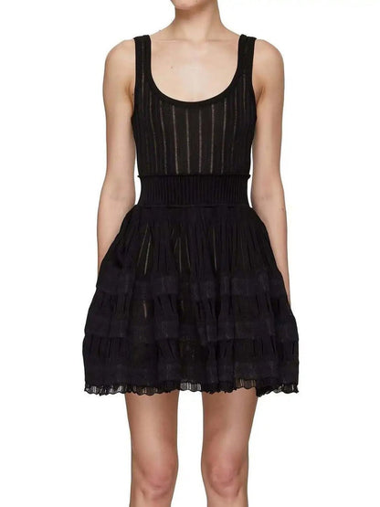 Knit Scoop Neck Tiered Eyelet Ruffle Hem Fit and Flare Mini Dress