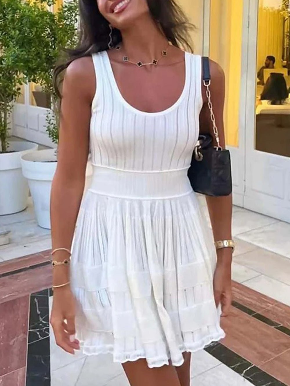 Knit Scoop Neck Tiered Eyelet Ruffle Hem Fit and Flare Mini Dress