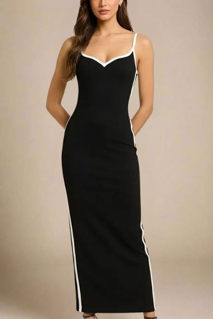 Classic Black Sweetheart Spaghetti Strap Side Stripe Bandage Bodycon Maxi Dress