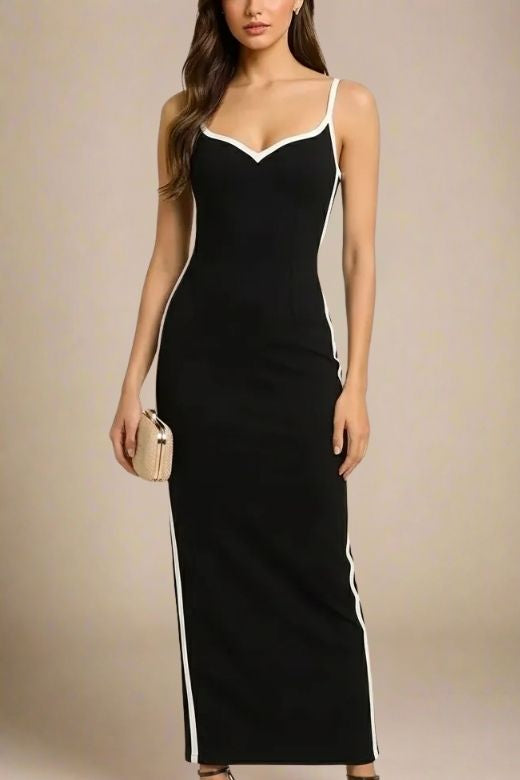 Classic Black Sweetheart Spaghetti Strap Side Stripe Bandage Bodycon Maxi Dress