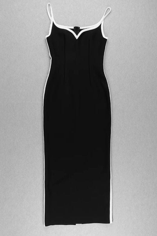 Classic Black Sweetheart Spaghetti Strap Side Stripe Bandage Bodycon Maxi Dress