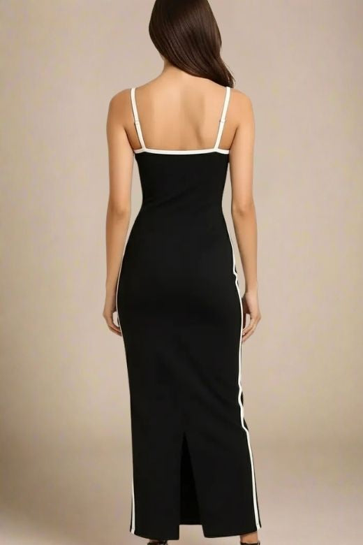 Classic Black Sweetheart Spaghetti Strap Side Stripe Bandage Bodycon Maxi Dress