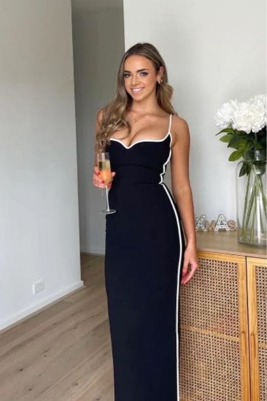 Classic Black Sweetheart Spaghetti Strap Side Stripe Bandage Bodycon Maxi Dress