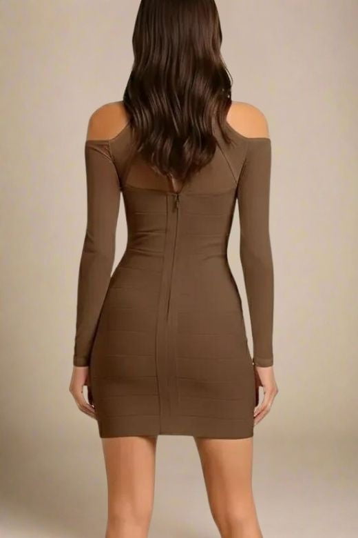 Coffee Brown Cut Out Criss Cross Halter Long Sleeve Bandage Mini Dress