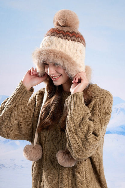 Faux Fur Fair Isle Knit Ear Flap Hat