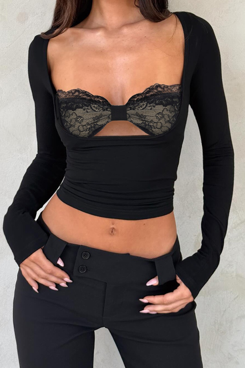 Lace Patchwork 2In1 Chest Cutout Tight Crop Top